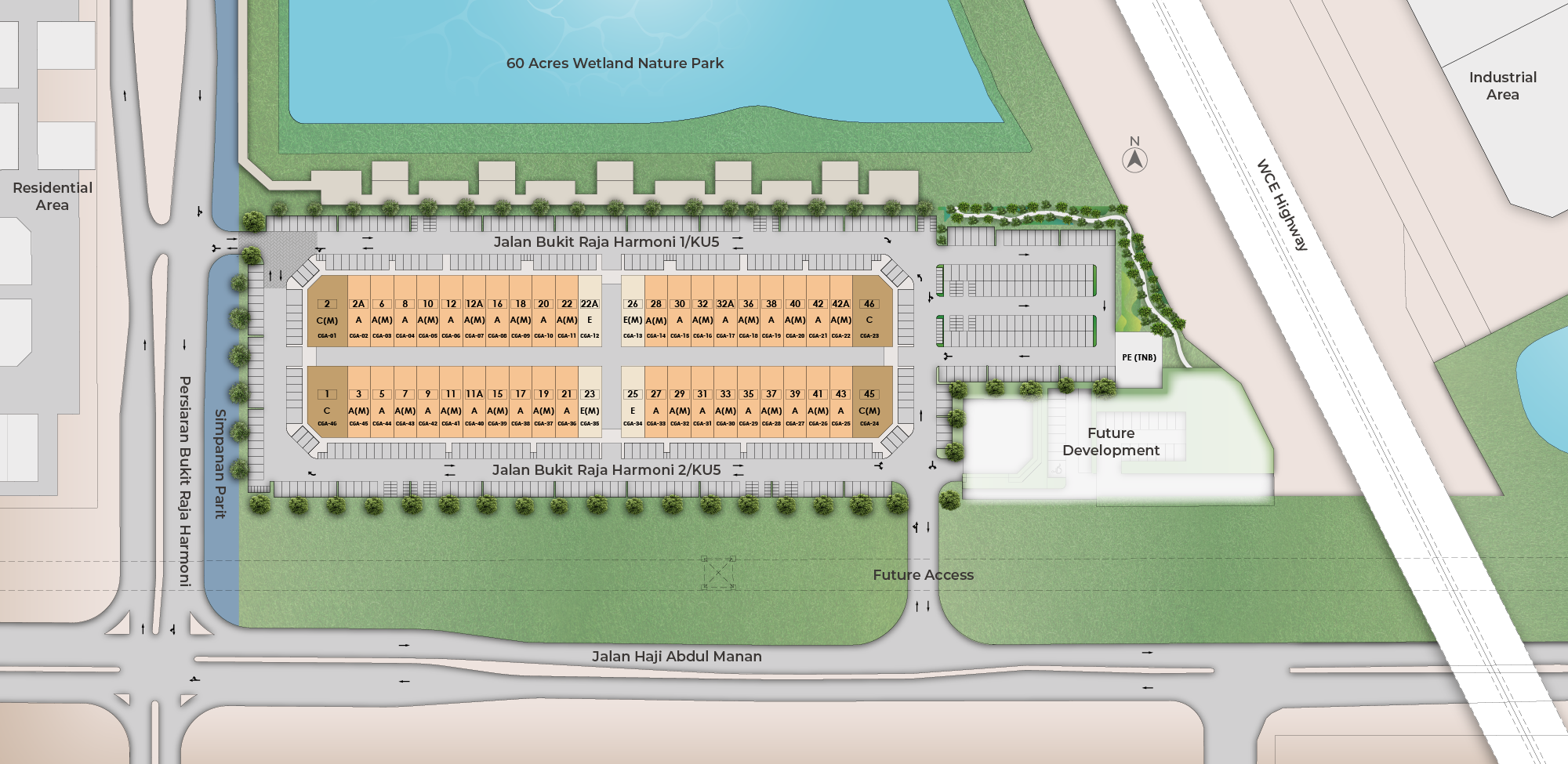 Aura Site Plan layout showcasing Type A, Type C, and Type E double storey shop offices