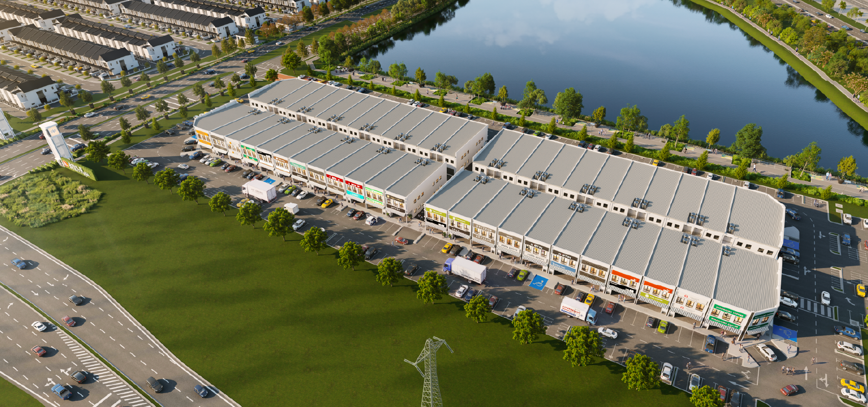 Aerial bird's-eye view of Aura shop offices next to the scenic lake and township roads
