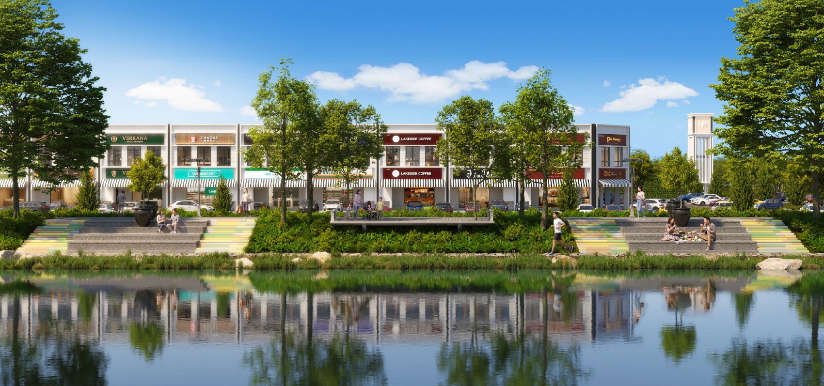 Waterfront retail promenade and lakeside gathering plaza at Aura