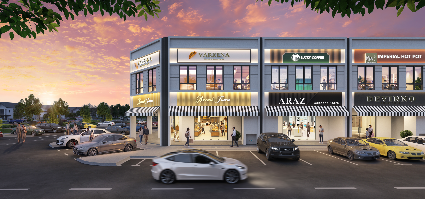 Aura double storey shop office storefronts with retail shops, cafes, and parking spaces at dusk