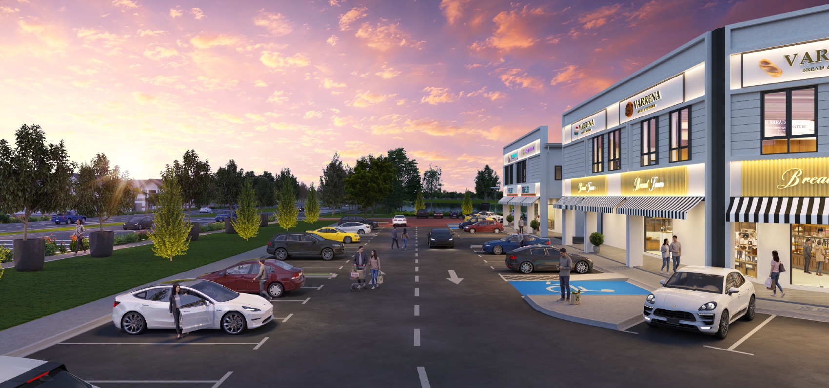 Ample parking bays with accessible parking and wide pedestrian paths fronting Aura commercial lots