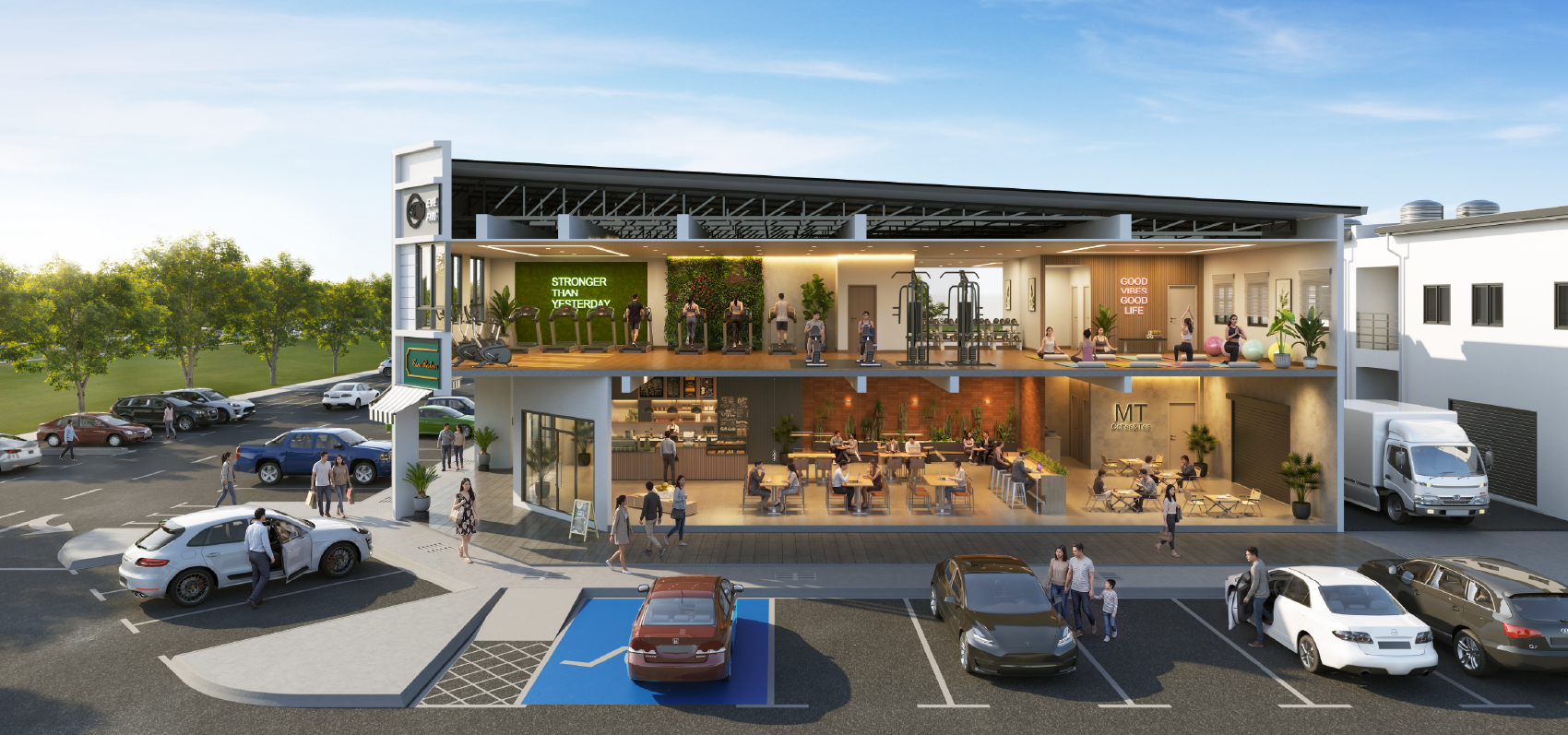Architectural cutaway of double-storey shop office with ground floor cafe dining and upper floor fitness center
