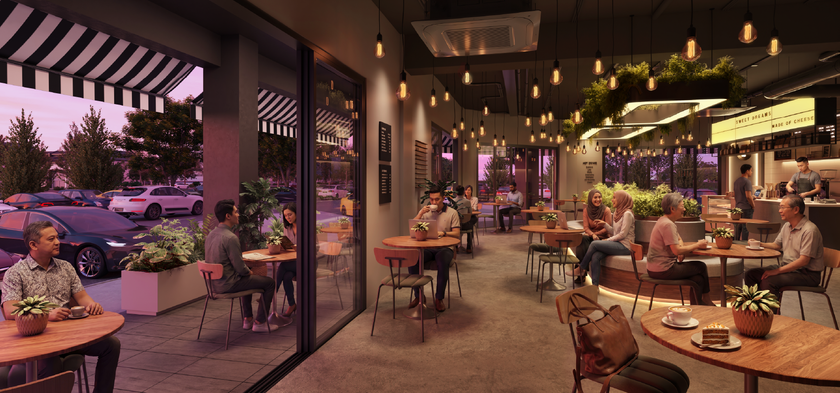 Vibrant indoor and al fresco cafe dining ambiance at Aura commercial hub